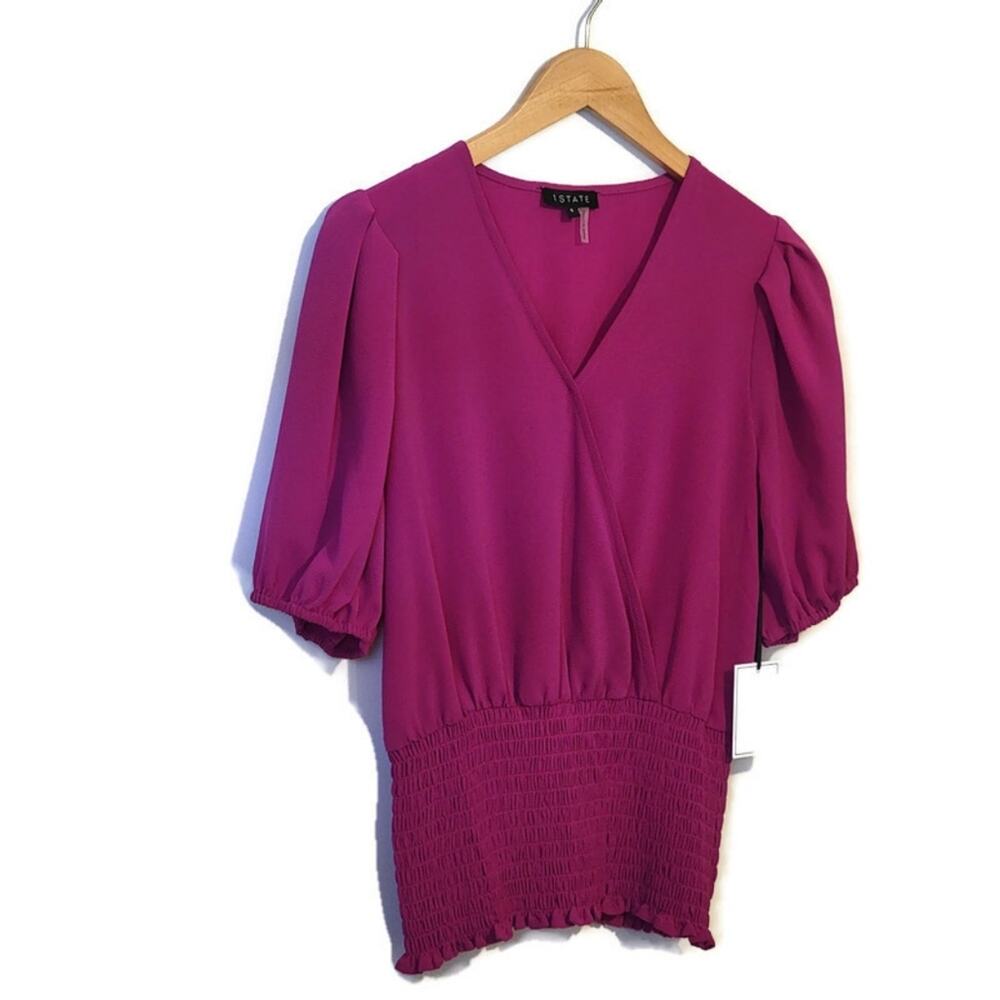 1.STATE Faux Wrap Blouse Smocked Waist Puff Sleeve Pink Women's Small NWT - Picture 5 of 11